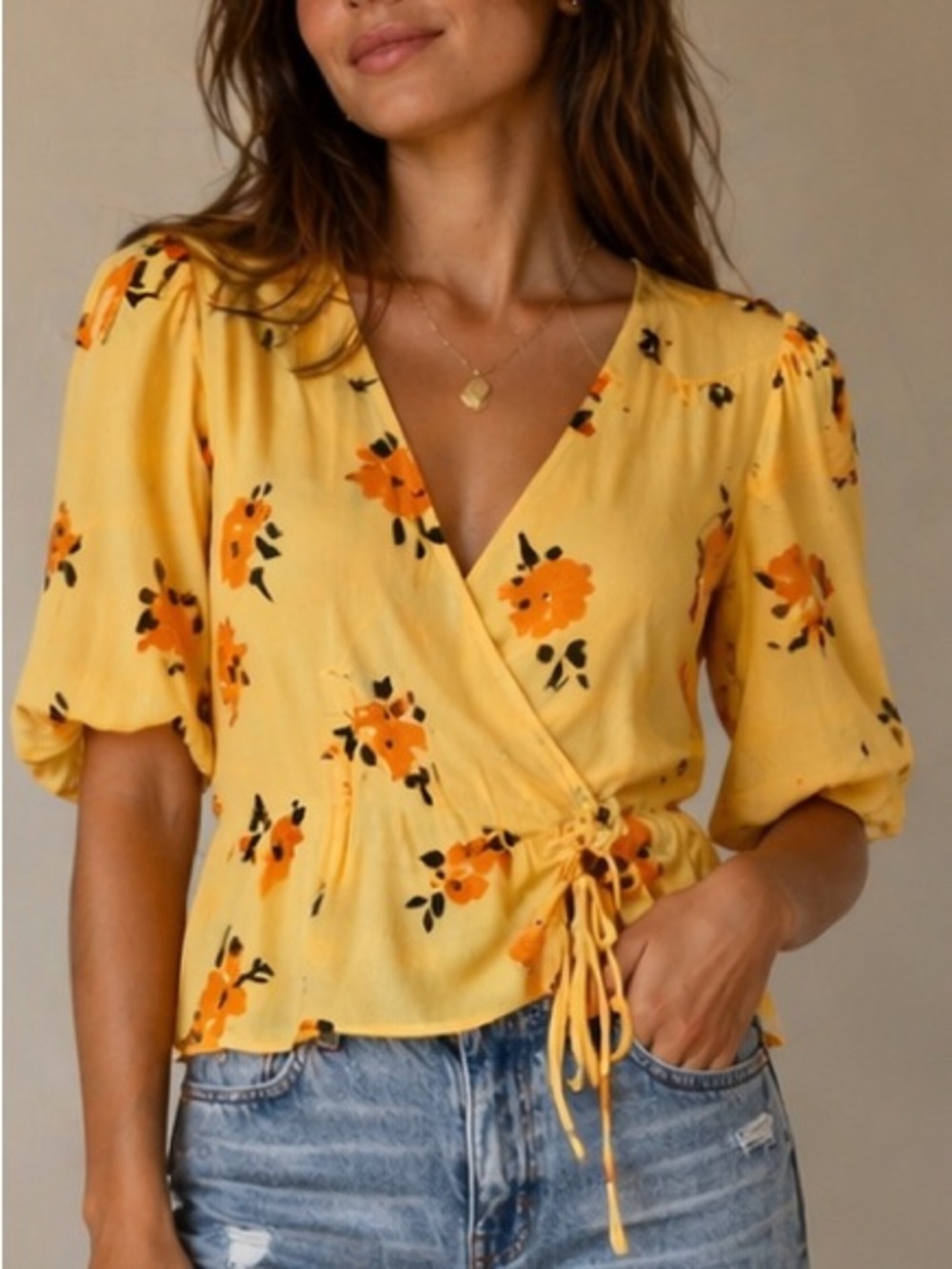 Astr Yellow Floral Wrap Top with Puff Sleeves